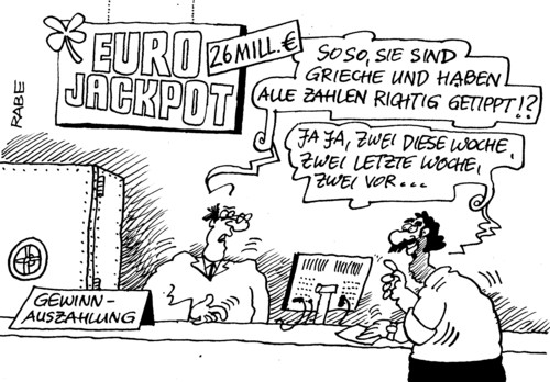 Cartoon: Voller Pott (medium) by RABE tagged eurojackpot,euro,eurokrise,griechenland,athen,rettungsschirm,schuldenschnitt,fiskalpakt,eurozone,austritt,grieche,schuldenerlass,brüssel,finanzchefs,jackpott,lotto,tippen,gewinn,gewinnauszahlung,zahlen,tippschein,lottoannahmestelle,richtige,zahlenlotto,lottoschein,ausschüttung,hauptgewinn,lottospieler,eurostaaten,euroländer,topf,westlotto,hauptgewinner,eurojackpot,euro,eurokrise,griechenland,athen,rettungsschirm,schuldenschnitt,fiskalpakt,eurozone,austritt,schuldenerlass,grieche