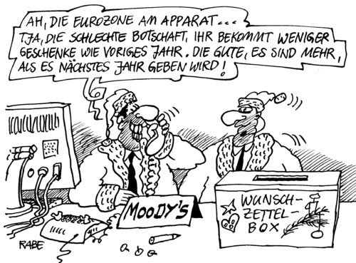 Cartoon: Vorfreude (medium) by RABE tagged moodys,rating,ratingagentur,herabstufung,euro,eurokrise,eu,schuldenkrise,finanzchefs,wirtschaft,apparat,telefon,rechner,wunschzettel,zettelbox,weihnachten,weihnachtsmänner,geschenke,bescherung,jahr,weihnachtsfest,botschaft,moodys,rating,ratingagentur,eurozone,eurokrise,schuldenkrise,griechenland