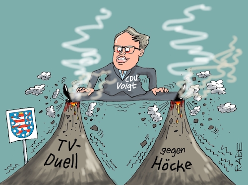 Cartoon: Vulkantänzer (medium) by RABE tagged landtagswahl,thüringen,septemper,cdu,afd,mario,voigt,bernd,höcke,tv,duell,fernsehduell,rabe,ralf,böhme,cartoon,karikatur,pressezeichnung,farbcartoon,tagescartoon,vulkan,lava,rauch,spagat,landtagswahl,thüringen,septemper,cdu,afd,mario,voigt,bernd,höcke,tv,duell,fernsehduell,rabe,ralf,böhme,cartoon,karikatur,pressezeichnung,farbcartoon,tagescartoon,vulkan,lava,rauch,spagat