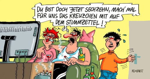 Cartoon: Wählen mit Sechzehn (medium) by RABE tagged wahl,wahlalter,wähler,wahllokal,wahlurne,wahljahr,rabe,ralf,böhme,cartoon,karikatur,pressezeichnung,farbcartoon,tagescartoon,ehepaar,kind,kreuzchen,stimmzettel,wahl,wahlalter,wähler,wahllokal,wahlurne,wahljahr,rabe,ralf,böhme,cartoon,karikatur,pressezeichnung,farbcartoon,tagescartoon,ehepaar,kind,kreuzchen,stimmzettel