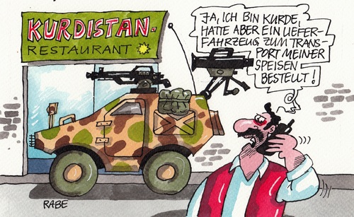 Cartoon: Waffenlieferung (medium) by RABE tagged kurden,kurdistan,irak,usa,deutschland,von,der,leyen,unterstüzung,militärgüter,zelte,decken,logistik,waffen,waffenlieferung,panzer,panzerfahrzeuge,isis,is,jesiden,rabe,ralf,böhme,cartoon,karikatur,pressezeichnung,farbcartoon,tagescartoon,militärfahrzeug,panzerfaust,restaurant,kurdenspezialitäten,lieferung,speisen,geschäftsfahrzeug,transport,transporter,maschinengewehr,völkermord,kurden,kurdistan,irak,usa,deutschland,von,der,leyen,unterstüzung,militärgüter,zelte,decken,logistik,waffen,waffenlieferung,panzer,panzerfahrzeuge,isis,is,jesiden,rabe,ralf,böhme,cartoon,karikatur,pressezeichnung,farbcartoon,tagescartoon,militärfahrzeug,panzerfaust,restaurant,kurdenspezialitäten,lieferung,speisen,geschäftsfahrzeug,transport,transporter,maschinengewehr,völkermord