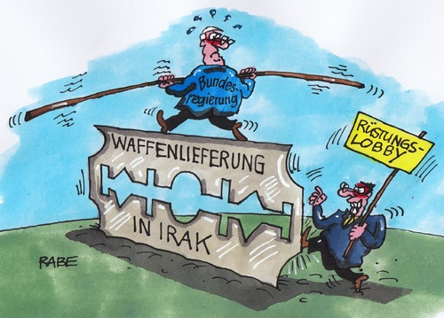 Cartoon: Waffenlieferung Irak (medium) by RABE tagged waffen,waffenlieferung,irak,kurden,is,islamisten,isis,hilfsgüter,waffenexporte,rüstungsgüter,steinmeier,aussenminister,verteidigungsministerin,von,der,leyen,rabe,ralf,böhme,cartoon,karikatur,pressezeichnung,farbcartoon,tagescartoon,rasierklinge,klinge,lobby,waffenlobby,rüstungsindudtrie,panzer,raketen,sturmgewehre,terroristen,waffen,waffenlieferung,irak,kurden,is,islamisten,isis,hilfsgüter,waffenexporte,rüstungsgüter,steinmeier,aussenminister,verteidigungsministerin,von,der,leyen,rabe,ralf,böhme,cartoon,karikatur,pressezeichnung,farbcartoon,tagescartoon,rasierklinge,klinge,lobby,waffenlobby,rüstungsindudtrie,panzer,raketen,sturmgewehre,terroristen