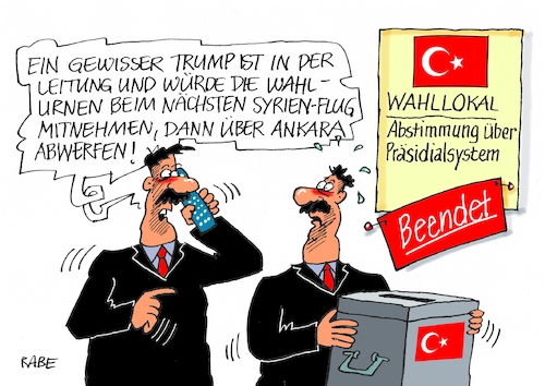 Cartoon: Wahl Türkei (medium) by RABE tagged deutschland,wahl,präsidialamt,türkei,erdogan,sultan,ankara,rabe,ralf,böhme,cartoon,karikatur,pressezeichnung,farbcartoon,tagescartoon,wahlurne,wahlbüro,trump,usa,kampfjet,syrien,deutschland,wahl,präsidialamt,türkei,erdogan,sultan,ankara,rabe,ralf,böhme,cartoon,karikatur,pressezeichnung,farbcartoon,tagescartoon,wahlurne,wahlbüro,trump,usa,kampfjet,syrien