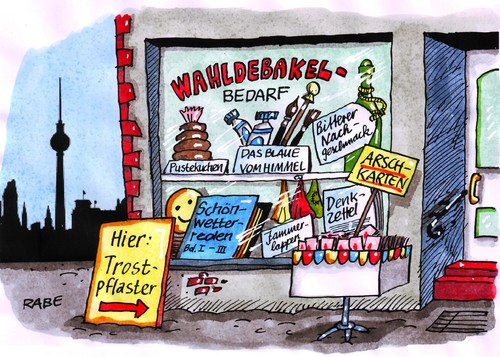 Cartoon: Wahldebakellädchen (medium) by RABE tagged abgeordnetenwahl,hauptstadt,berlin,wahlsonntag,wahlurnewahllokal,landesparlament,linke,spd,grüne,künast,cdu,fdp,rechte,meinungsumfrage,wowereit,spitzenkandidatin,parlament,piratenpartei,wahlkabine,umfragewerte,spitzenkandidat,regierungsmehrheit,rösler,arschkarte,trostpflaster,schönwetterreden,denkzettel,abreibung,wähler,politikverdrossenheit,euro,krise,europapolitik,griechenlandhilfe,rettungsschirm,nachgeschmack,pustekuchen,jammerlappen,abstrafung,bedarfsartikel,berlin,hauptstadt,wahlsonntag,landesparlament,linke,wahlen,wahl