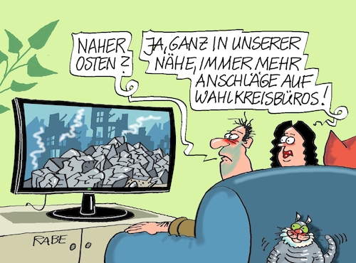 Cartoon: Wahlkreisbüros (medium) by RABE tagged landtagswahl,thüringen,septemper,cdu,afd,mario,voigt,bernd,höcke,tv,duell,fernsehduell,rabe,ralf,böhme,cartoon,karikatur,pressezeichnung,farbcartoon,tagescartoon,anschläge,wahlkreisbüro,trümmer,schutt,asche,nahost,osten,landtagswahl,thüringen,septemper,cdu,afd,mario,voigt,bernd,höcke,tv,duell,fernsehduell,rabe,ralf,böhme,cartoon,karikatur,pressezeichnung,farbcartoon,tagescartoon,anschläge,wahlkreisbüro,trümmer,schutt,asche,nahost,osten