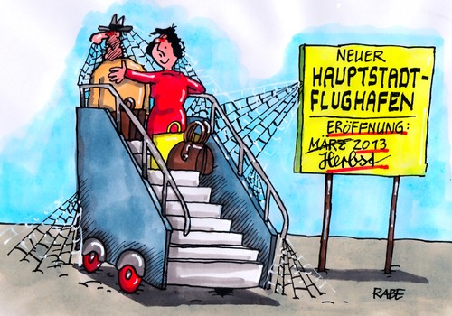 Cartoon: Warteschleife (medium) by RABE tagged hauptstadtflugplatz,berlin,hauptstadtflughafen,flugplatz,flugzeug,passagier,rollfeld,landebahn,gangway,reisende,koffer,gepäck,spinnennetze,spinnenweben,eröffnung,einweihung,air,airberlin,mehdorn,neubau,betreiber,startbahn,mängel,hauptstadtflughafen,flugplatz,flugzeug,passagier,berlin,hauptstadtflugplatz