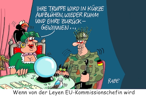 Cartoon: Wehrhaftiges (medium) by RABE tagged europawahl,mai,brüssel,eu,rabe,ralf,böhme,cartoon,karikatur,pressezeichnung,farbcartoon,tagescartoon,kreistag,kreistagswahlen,wahlsonntag,sitze,kandidaten,wahlcoaching,wähler,wählercoaching,coach,ursula,von,der,leyen,kommissionspräsidentin,posten,spitzenposten,postenvergabe,juncker,timmermans,weber,merkel,wahrsagerin,prognose,bundeswehr,soldat,kater,kaffeesatz,kartenlegerin,europawahl,mai,brüssel,eu,rabe,ralf,böhme,cartoon,karikatur,pressezeichnung,farbcartoon,tagescartoon,kreistag,kreistagswahlen,wahlsonntag,sitze,kandidaten,wahlcoaching,wähler,wählercoaching,coach,ursula,von,der,leyen,kommissionspräsidentin,posten,spitzenposten,postenvergabe,juncker,timmermans,weber,merkel,wahrsagerin,prognose,bundeswehr,soldat,kater,kaffeesatz,kartenlegerin