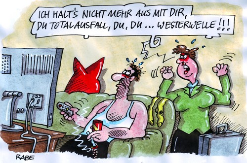 Cartoon: Westergewelltes (medium) by RABE tagged bundesregierung,kanzlerin,merkel,cdu,liberale,fdp,westerwelle,bundesaußenminister,rücktritt,rücktrittsforderung,opposition,grüne,linke,spd,totalausfall,totalschaden,schadensbegrenzung,rösler,parteispitze,bahr,lindner,brüderle,landtagswahl,berlin,umfragewerte,umfragetief,schwarzgelb,parteienstreit,postengerangel,parteiengezänk,ehepaar,frau,mann,streit,couch,tv,fernsehappartat,bierdose,zigarette,kippen,asche,socken,koffer,fernbedienung,bundesregierung,kanzlerin,merkel,cdu,liberale,westerwelle