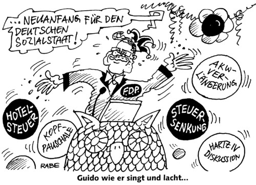 Cartoon: Westerwelliges (medium) by RABE tagged fdp,westerwelle,koalition,schwarzgelb,bundesregierung,opposition,merkel,kanzlerin,parteivorsitzender,außenminister,sozialstaat,euro,krise,neuanfang,deutschland,hotelsteuer,kopfpauschale,stersenkung,hartz,iv,diskussion,debatte,sozialhilfe,akw,verlängerung,laufzeit,atomlobby,bütt,büttenredner,fasching,karneval,fastnacht,prunksitzung,eule,narren,narrenkappe,pappnase,konfetti,luftschlangen,luftballon,mikrofon,quatschen,festredner,bühne,narrenfreiheit,guido,guido,fdp,koalition,bundesregierung,angela merkel,kanzlerin,sozialstaat,euro,krise,angela,merkel