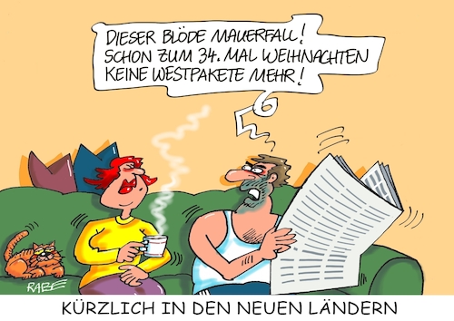 Cartoon: Westpakete (medium) by RABE tagged mauerfall,grenzöffnung,wende,osten,westen,mauerspechte,rabe,ralf,böhme,cartoon,karikatur,pressezeichnung,farbcartoon,tagescartoon,opa,enkel,jungs,kalk,verkalkung,köpfe,westpaket,westpakete,weihnachten,westsachen,mauerfall,grenzöffnung,wende,osten,westen,mauerspechte,rabe,ralf,böhme,cartoon,karikatur,pressezeichnung,farbcartoon,tagescartoon,opa,enkel,jungs,kalk,verkalkung,köpfe,westpaket,westpakete,weihnachten,westsachen