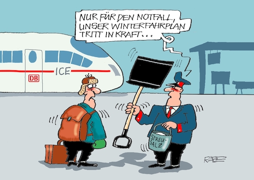 Cartoon: Winterfahrplan nochmal (medium) by RABE tagged bahn,db,bahnkunden,fahrpreis,fahrpreiserhöhung,rabe,ralf,böhme,cartoon,karikatur,pressezeichnung,farbcartoon,tagescartoon,schnellzug,bahnticket,schlusslicht,passagiere,bahnreisende,puffer,fahrplan,winter,winterfahrplan,fahrplanänderung,kälte,eis,schnee,glätte,schaffner,bahnkunde,streusalz,eimer,schneeschieber,bahn,db,bahnkunden,fahrpreis,fahrpreiserhöhung,rabe,ralf,böhme,cartoon,karikatur,pressezeichnung,farbcartoon,tagescartoon,schnellzug,bahnticket,schlusslicht,passagiere,bahnreisende,puffer,fahrplan,winter,winterfahrplan,fahrplanänderung,kälte,eis,schnee,glätte,schaffner,bahnkunde,streusalz,eimer,schneeschieber