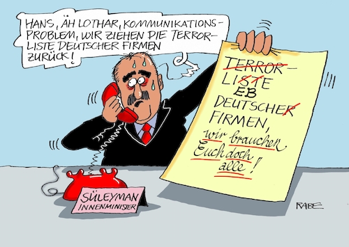 Cartoon: Wir brauchen euch doch alle (medium) by RABE tagged innenminister,lothar,hans,süleyman,türkei,ankara,erdogan,kommunikation,kommunikationsproblem,telefonat,berlin,rabe,ralf,böhme,cartoon,karikatur,pressezeichnung,farbcartoon,tagescartoon,terrorliste,deutsche,firmen,wir,alle,liebe,innenminister,lothar,hans,süleyman,türkei,ankara,erdogan,kommunikation,kommunikationsproblem,telefonat,berlin,rabe,ralf,böhme,cartoon,karikatur,pressezeichnung,farbcartoon,tagescartoon,terrorliste,deutsche,firmen,wir,alle,liebe