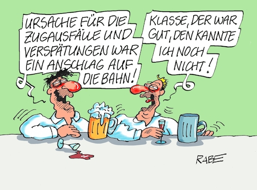 Cartoon: Witzbolde (medium) by RABE tagged bahn,bahnverkehr,bahnreisende,bahnhof,verspätungen,zugausfälle,rabe,ralf,böhme,cartoon,karikatur,pressezeichnung,farbcartoon,tagescartoon,anschlag,sabotage,sabotageakt,glasfaserkabel,beschädigung,terroranschlag,bahn,bahnverkehr,bahnreisende,bahnhof,verspätungen,zugausfälle,rabe,ralf,böhme,cartoon,karikatur,pressezeichnung,farbcartoon,tagescartoon,anschlag,sabotage,sabotageakt,glasfaserkabel,beschädigung,terroranschlag