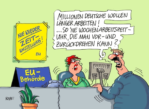 Cartoon: Wochenarbeitszeituhrumstellung (medium) by RABE tagged eugh,gerichtshof,brüssel,gesetz,beschluß,urteil,geldbuße,rabe,ralf,böhme,cartoon,karikatur,pressezeichnung,farbcartoon,tagescartoon,zeitumstellung,sommerzeit,winterzeit,wochenarbeitszeit,deutsch,mehrarbeit,arbei,wochenstunden,eugh,gerichtshof,brüssel,gesetz,beschluß,urteil,geldbuße,rabe,ralf,böhme,cartoon,karikatur,pressezeichnung,farbcartoon,tagescartoon,zeitumstellung,sommerzeit,winterzeit,wochenarbeitszeit,deutsch,mehrarbeit,arbei,wochenstunden