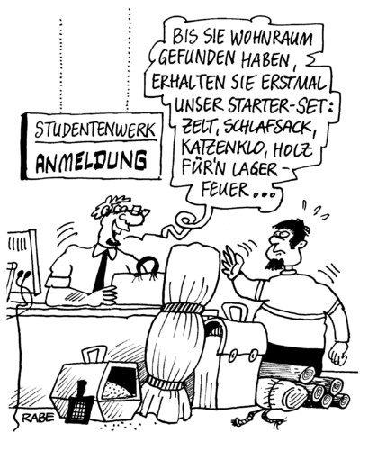 Cartoon: Wohnraumsuche (medium) by RABE tagged studium,student,studentenwerk,uni,hochschule,universität,wohnraum,studentenbude,wg,studentenwohnheim,unterkunft,suche,wohnraumsuche,bude,anmeldung,sekretariat,starter,set,zelt,schlafsack,katzenklo,einstreu,holz,brennholz,lagerfeuer,streichhölzer,studium,student,studentenwerk,uni,hochschule,universität,wohnraum,studentenbude,studentenwohnheim,wg