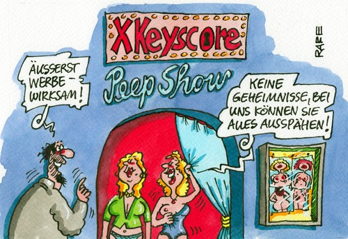 Cartoon: XKeyscore (medium) by RABE tagged usa,spionageprogramm,prism,xkeyscore,snowden,geheimdienste,nsa,rabe,ralf,böhmr,cartoon,karikatur,pressezeichnung,farbcartoon,peepshow,ppe,show,werbung,geheimnisse,ausspähen,ausspähprogramm,striptease,datenspionage,internetdaten,überwachung,innenminister,zugriff,rotlichtviertel,ausziehen,erotik,eroscenter,usa,spionageprogramm,prism,xkeyscore,snowden,geheimdienste,nsa,rabe,ralf,böhmr,cartoon,karikatur,pressezeichnung,farbcartoon,peepshow,ppe,show,sex,werbung,geheimnisse,ausspähen,ausspähprogramm,striptease,datenspionage,internetdaten,überwachung,innenminister,zugriff,rotlichtviertel,ausziehen,erotik,eroscenter