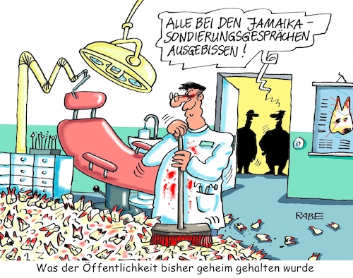 Cartoon: Zähne ausgebissen (medium) by RABE tagged grüne,jamaika,sondierungsgespräche,regierungsbildung,amtshandlung,rabe,ralf,böhme,cartoon,karikatur,pressezeichnung,farbcartoon,tagescartoon,sondierung,zähne,zahnarzt,flüchtlinsthematik,obergrenze,klima,landwirtschaft,bildung,einigung,öffentlichkeit,geheimverhandlungen,grüne,jamaika,sondierungsgespräche,regierungsbildung,amtshandlung,rabe,ralf,böhme,cartoon,karikatur,pressezeichnung,farbcartoon,tagescartoon,sondierung,zähne,zahnarzt,flüchtlinsthematik,obergrenze,klima,landwirtschaft,bildung,einigung,öffentlichkeit,geheimverhandlungen