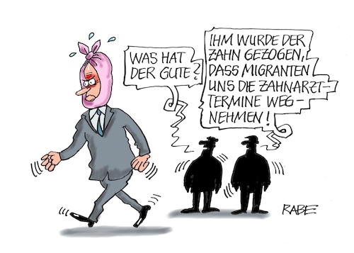 Cartoon: Zahnweh (medium) by RABE tagged cdu,parteitag,hannover,friedrich,merz,csu,union,opposition,wirtschaft,wirtschaftswachstum,stagnation,inflation,apotheke,scholz,rettung,soforthilfe,flüchtlinge,migranten,zähne,zahnarzt,zahnschmerzen,zahnziehen,patienten,zahnarzttermin,krankenkasse,verband,zuwanderung,cdu,parteitag,hannover,friedrich,merz,csu,union,opposition,wirtschaft,wirtschaftswachstum,stagnation,inflation,apotheke,scholz,rettung,soforthilfe,flüchtlinge,migranten,zähne,zahnarzt,zahnschmerzen,zahnziehen,patienten,zahnarzttermin,krankenkasse,verband,zuwanderung