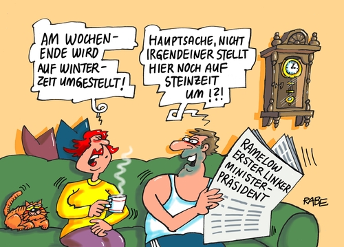 Cartoon: Zeitumstellung (medium) by RABE tagged sommerzeit,umstellung,uhren,winterzeit,wanduhr,samstag,sonnteg,zeiger,rabe,ralf,böhme,cartoon,karikatur,pressezeichnung,farbcartoon,tagescartoon,thühringen,landtagswahl,ramelow,linke,cdu,spd,lieberknecht,steinzeit,winterzeit,uhren,umstellung,sommerzeit,wanduhr,samstag,sonnteg,zeiger,rabe,ralf,böhme,cartoon,karikatur,pressezeichnung,farbcartoon,tagescartoon,thühringen,landtagswahl,ramelow,linke,cdu,spd,lieberknecht,steinzeit