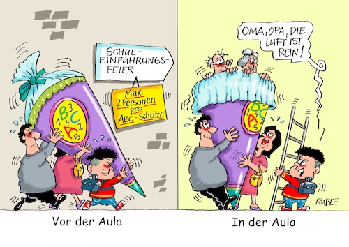 Cartoon: Zuckertütenfest (medium) by RABE tagged corona,bundländerkonferenz,merkel,kanzleramt,lockerungen,stufenplan,öffnungen,lockdown,shutdown,baumärkte,impfdosen,rki,fallzahlen,inzidenzwert,spahn,impfzentren,impfreihenfolge,notbremse,schule,schulanfang,schulanfänger,zuckertüte,einschulung,schulanfangsfeier,aula,schulaula,coronabegrenzungen,schulranzen,eltern,personenzahl,oma,opa,corona,bundländerkonferenz,merkel,kanzleramt,lockerungen,stufenplan,öffnungen,lockdown,shutdown,baumärkte,impfdosen,rki,fallzahlen,inzidenzwert,spahn,impfzentren,impfreihenfolge,notbremse,schule,schulanfang,schulanfänger,zuckertüte,einschulung,schulanfangsfeier,aula,schulaula,coronabegrenzungen,schulranzen,eltern,personenzahl,oma,opa