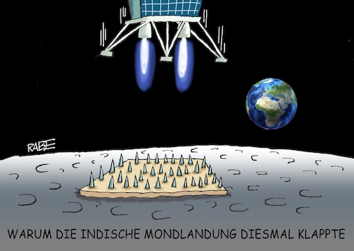 Cartoon: Zugespitztes (medium) by RABE tagged weltall,erde,erdtrabant,mond,mondmission,mondlandung,rabe,ralf,böhme,cartoon,karikatur,pressezeichnung,farbcartoon,tagescartoon,mondfähre,mondoberfläche,nagelbrett,nägel,fakier,inder,weltall,erde,erdtrabant,mond,mondmission,mondlandung,rabe,ralf,böhme,cartoon,karikatur,pressezeichnung,farbcartoon,tagescartoon,mondfähre,mondoberfläche,nagelbrett,nägel,fakier,inder