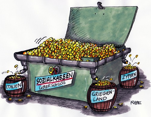 Cartoon: Zukunftsszenario (medium) by RABE tagged sozialkassen,rentenkasse,krankenkassen,gestzliche,versicherte,arbeitslosenversicherung,überschuss,ausschüttung,beitragssenkung,vortsände,euro,eurokrise,brüssel,kassen,geldkassette,münzen,euromünzen,fass,fässer,dachrinne,regentonne,italien,monti,merkel,kanzlerin,cdu,griechenland,athen,zypern,schuldenkrise,rettungsschirm,fiskalpakt,sozialkassen,rentenkasse,krankenkassen,arbeitslosenversicherung