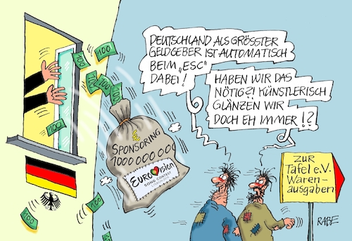 Cartoon: Zum Fenster rausgeschmissen (medium) by RABE tagged eurovision,song,contest,esc,lissabon,schlager,chansons,sponsoring,nominierung,rabe,ralf,böhme,cartoon,karikatur,pressezeichnung,farbcartoon,tagescartoon,geld,euro,geldgeber,deutschland,geldsack,armut,tafel,essenausgabe,eurovision,song,contest,esc,lissabon,schlager,chansons,sponsoring,nominierung,rabe,ralf,böhme,cartoon,karikatur,pressezeichnung,farbcartoon,tagescartoon,geld,euro,geldgeber,deutschland,geldsack,armut,tafel,essenausgabe