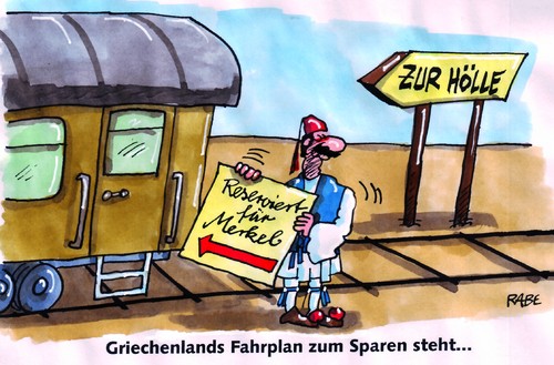 Cartoon: Zur Hölle (medium) by RABE tagged griechenland,athen,sparpläne,gewerkschaften,streik,euro,eurokrise,eu,brüssel,finanzkrise,finanzchefs,staatskrise,merkel,kanzlerin,cdu,sarkozy,zug,fahrplan,hölle,griechen,hellas,spartaner,schuldenschnitt,schuldenerlaß,rettungsschirm,griechenland,athen,gewerkschaften,streik,euro,eurokrise