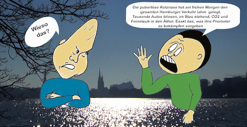 Cartoon: Mit Greta nach Utopia (medium) by menschenskindergarten tagged umweltbelastung,umweltschonung,klimawandel,polarisierung,feinstaub,co2,kunststoffverpackung,abfallentsorgung,mobilität