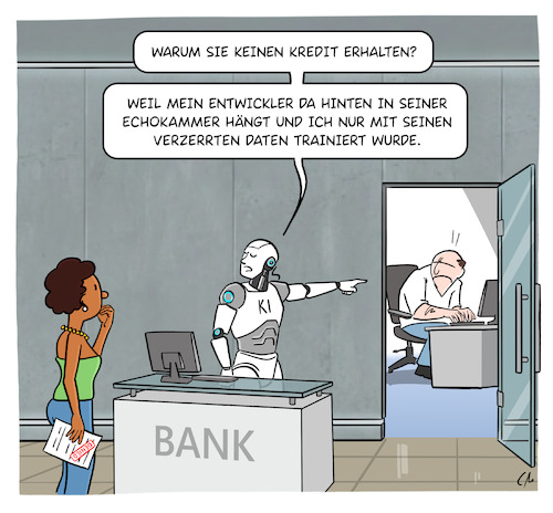 Cartoon: Echokammer (medium) by Cloud Science tagged ki,künstliche,intelligenz,ai,algorithmus,bias,echokammer,datensatz,entwickler,programmierer,nerd,bank,kredit,finanzen,diskriminierung,tech,ethik,black,box,eu,act,techbranche