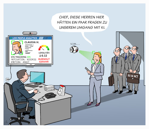 Cartoon: EU AI ACT - Kontrolle (medium) by Cloud Science tagged ai,ki,eu,recht,gesetz,kontrolle,prüfung,büro,arbeit,management,technik,digitalisierung,zukunft,personal,chef,mitarbeiter,überwachung,computer,software,regulierung,firma,unternehmen,sicherheit,ordnung,2026,stichtag,politik,europa,gesetzgebung,gesichtserkennung,tracking