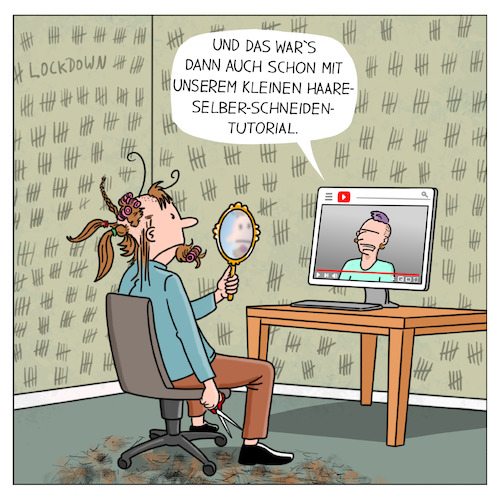 Cartoon: Haare selber schneiden (medium) by Cloud Science tagged lockdown,quarantäne,corona,coronavirus,covid19,friseure,haare,schneiden,frisur,tutorial,online,anleitung,selfdoing,internet,video,youtube,lockdown,quarantäne,corona,coronavirus,covid19,friseure,haare,schneiden,frisur,tutorial,online,anleitung,selfdoing,internet,video,youtube