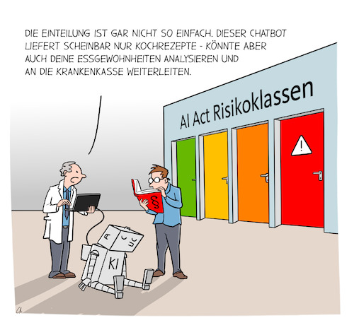 Cartoon: Herausforderungen beim EU AI Act (medium) by Cloud Science tagged eu,ai,act,künstliche,intelligenz,ki,klassifizierung,risikoklassen,verbotene,compliance,datenschutz,technologie,it,recht,technologieüberwachung,chatbot,unternehmensrecht,sicherheit,karikatur,sprechblase,regulation,vorschriften,datensicherheit,technologiemanagement,risikobewertung,eu,ai,act,künstliche,intelligenz,ki,klassifizierung,risikoklassen,verbotene,compliance,datenschutz,technologie,it,recht,technologieüberwachung,chatbot,unternehmensrecht,sicherheit,karikatur,sprechblase,regulation,vorschriften,datensicherheit,technologiemanagement,risikobewertung