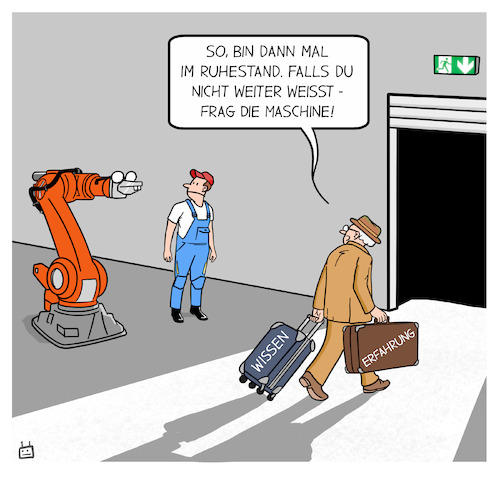 Cartoon: KI VS. Demografischer Wandel (medium) by Cloud Science tagged ki,künstliche,intelligenz,fachkräftemangel,arbeitsmarkt,arbeiten,wissen,wissensverlust,wirtschaft,business,tech,technologie,ruhestand,rente,erfahrung,knowhow,automatisierung,smarte,maschinen,smart,factory,industrie40,industrie,unternehmen,mitarbeiter,schulung,ki,künstliche,intelligenz,fachkräftemangel,arbeitsmarkt,arbeiten,wissen,wissensverlust,wirtschaft,business,tech,technologie,ruhestand,rente,erfahrung,knowhow,automatisierung,smarte,maschinen,smart,factory,industrie40,industrie,unternehmen,mitarbeiter,schulung