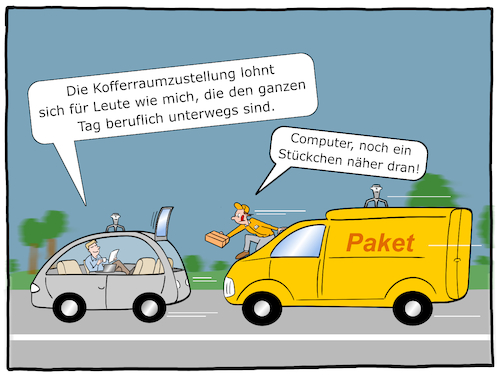 Cartoon: Logistik 4.0 (medium) by Cloud Science tagged logistik,mobilitaet,auto,paket,lieferung,kofferraum,selbstfahrendes,autonom,selbstfahrend,abholung,zustellung,paketdienst,lieferdienst,digitalisierung,intelligenz,intelligent,smart,ki,ai,kuenstlich,verkehr,mobil,paketbote,transport,transporter,ausliferung,post,dhl,paechcken,abholen,innovation,zukunft,disruption,kofferraumzustellung,cartoon,moeller,autos,technik,technologie,sicherheit,service,wirtschaft,automobilindustrie,industrie,autocartoon,logistik,mobilitaet,auto,paket,lieferung,kofferraum,selbstfahrendes,autonom,selbstfahrend,abholung,zustellung,paketdienst,lieferdienst,digitalisierung,intelligenz,intelligent,smart,ki,ai,kuenstlich,verkehr,mobil,paketbote,transport,transporter,ausliferung,post,dhl,paechcken,abholen,innovation,zukunft,disruption,kofferraumzustellung,cartoon,moeller,autos,technik,technologie,sicherheit,service,wirtschaft,automobilindustrie,industrie,autocartoon