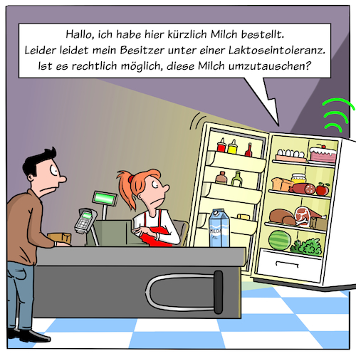 Cartoon: Smart Home Kühlschrank (medium) by Cloud Science tagged kuehlschrank,smart,home,it,iot,internet,der,dinge,ki,intelligenz,autonom,bestellung,online,handel,ecoomerce,juria,rechtliches,supermarkt,kasse,cartoon,zukunft,retail,daten,big,data,laktoseintoleranz,wirtschaft,business,digital,digitalisierung,tech,technologie,supermarktkassemilchbestellung,sensoren,moeller,illustration,disruption,transformation,kassiererin,automatisierung,automatisch,kuehlschrank,smart,home,it,iot,internet,der,dinge,ki,intelligenz,autonom,bestellung,online,handel,ecoomerce,juria,rechtliches,supermarkt,kasse,cartoon,zukunft,retail,daten,big,data,laktoseintoleranz,wirtschaft,business,digital,digitalisierung,tech,technologie,supermarktkassemilchbestellung,sensoren,moeller,illustration,disruption,transformation,kassiererin,automatisierung,automatisch