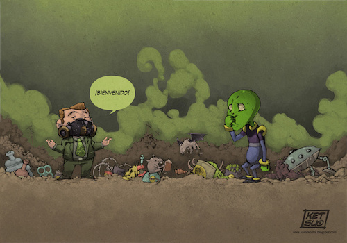 Cartoon: Welcome to Earth! (medium) by ketsuotategami tagged polution,earth,alien,business,man,greedy