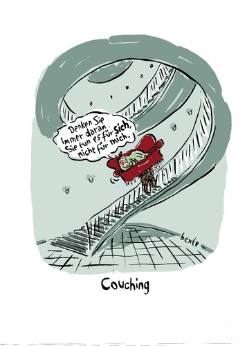 Cartoon: Couching (medium) by Bettina Bexte tagged coaching,manager,training,kommunikation,selbstverwirklichung,sitzung,klient,coaching,manager,kommunikation,training,selbstverwirklichung,sitzung,klient,sofa,treppe,couch,coach,tragen,gewicht,last