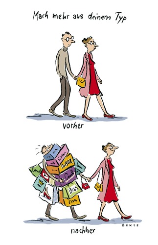 Cartoon: Typberatung (medium) by Bettina Bexte tagged typberatung,mann,frau,beziehung,mode,einkaufen,shopping,geld,einkaufstaschen,typberatung,mann,frau,beziehung,mode,einkaufen,shopping,geld,einkaufstaschen,liebe,partnerschaft,konsum,handel,verkauf