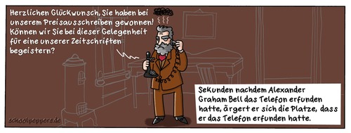 Cartoon: Schoolpeppers 157 (medium) by Schoolpeppers tagged erfindung,telefon,alexander,graham,bell,werbung