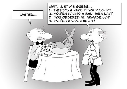 Cartoon: Hare Soup (medium) by fonimak tagged restaurant,waiter,customer,soup,rabbit,bunny,hare