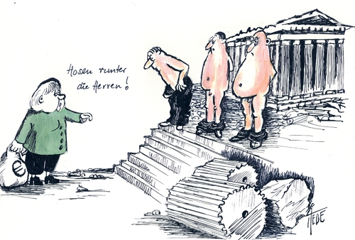 Cartoon: Hosen runter! (medium) by tiede tagged tiede,tiedemann,greece,rettungsschirm,merkel,euro,griechenland,finanzkrise,finanzkrise,griechenland,euro,merkel,rettungsschirm