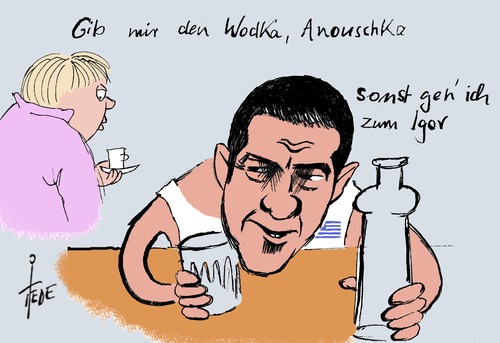 Cartoon: Alexis Tsipras (medium) by tiede tagged eu,merkel,wodka,putin,schuldenschnitt,griechenland,tsipras,tsipras,griechenland,schuldenschnitt,putin,wodka