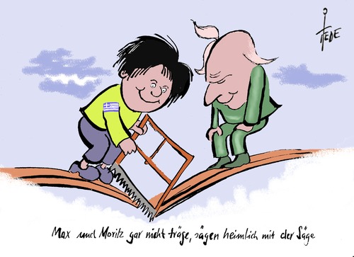 Cartoon: Max und Moritz (medium) by tiede tagged tsipras,varoufakis,griechenland,schuldenkrise,eu,troika,max,moritz,wilhelm,busch,tsipras,varoufakis,griechenland,schuldenkrise,eu,troika,max,moritz,wilhelm,busch