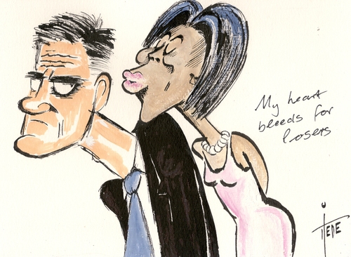 Cartoon: Michelle Obama and Romney (medium) by tiede tagged karikatur,cartoon,tiedemann,joachim,tiede,elections,usa,romney,mitt,obama,michelle,michelle,obama,mitt,romney,usa,elections,tiede,joachim,tiedemann,cartoon,karikatur