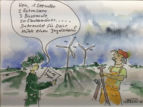 Cartoon: Jagdschein (medium) by Pralow tagged erneuerbare,energie,windkraftanlagen,naturschutz,abstandsregelungen,abschaltungen,bauhöhen,erneuerbare,energie,windkraftanlagen,naturschutz,abstandsregelungen,abschaltungen,bauhöhen,windräder,mühle,windkraft,jagdschein,umweltschutz