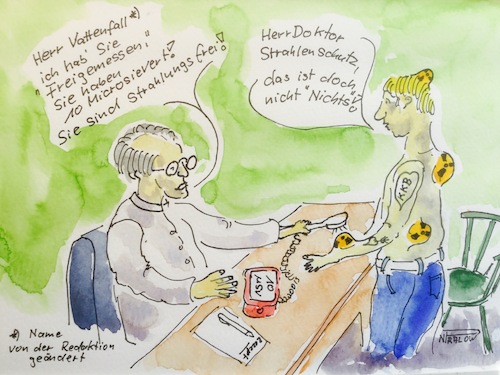 Cartoon: Strahlenschutz (medium) by Pralow tagged strahlenschutz,10,microsievert,gesundheit,krebs,strahlenschutzverordnung,akw,rückbau,strahlenschutz,10,microsievert,gesundheit,krebs,strahlenschutzverordnung,akw,rückbau,atomkraft,krank,verstrahlt