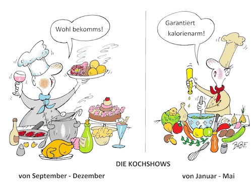Cartoon: Kochshows (medium) by BuBE tagged kochshows,fernsehen,rezepte,diäten,restaurants,speisen,essen,abnehmen,gesundheit,gemüse,salate