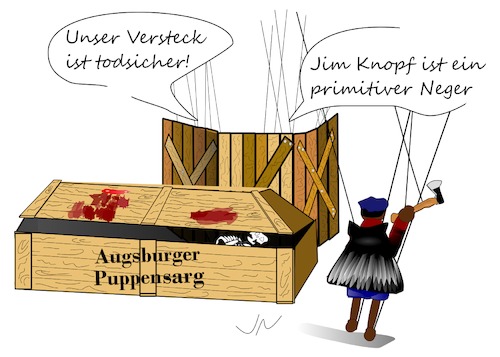 Cartoon: Augsburger Puppentod (medium) by Jochen N tagged augsburger,puppenkiste,jim,knopf,lukas,halloween,sarg,marionette,skelett,tod,blut,puppe,horror,beil,axt,versteck,neger,primitiv,holzzaun,zaun