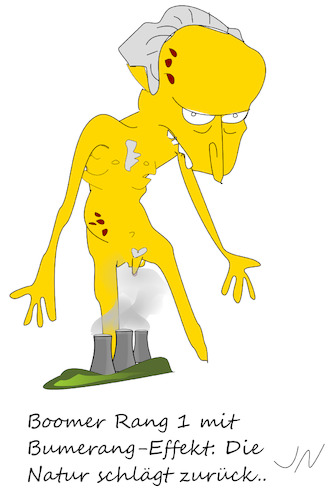 Cartoon: Bumerang (medium) by Jochen N tagged boomer,rang,kernkraft,atom,akw,radioaktiv,klimawandel,klimakrise,umweltzerstörung,naturschutz,nachhaltigkeit,simpsons,burns,nackt